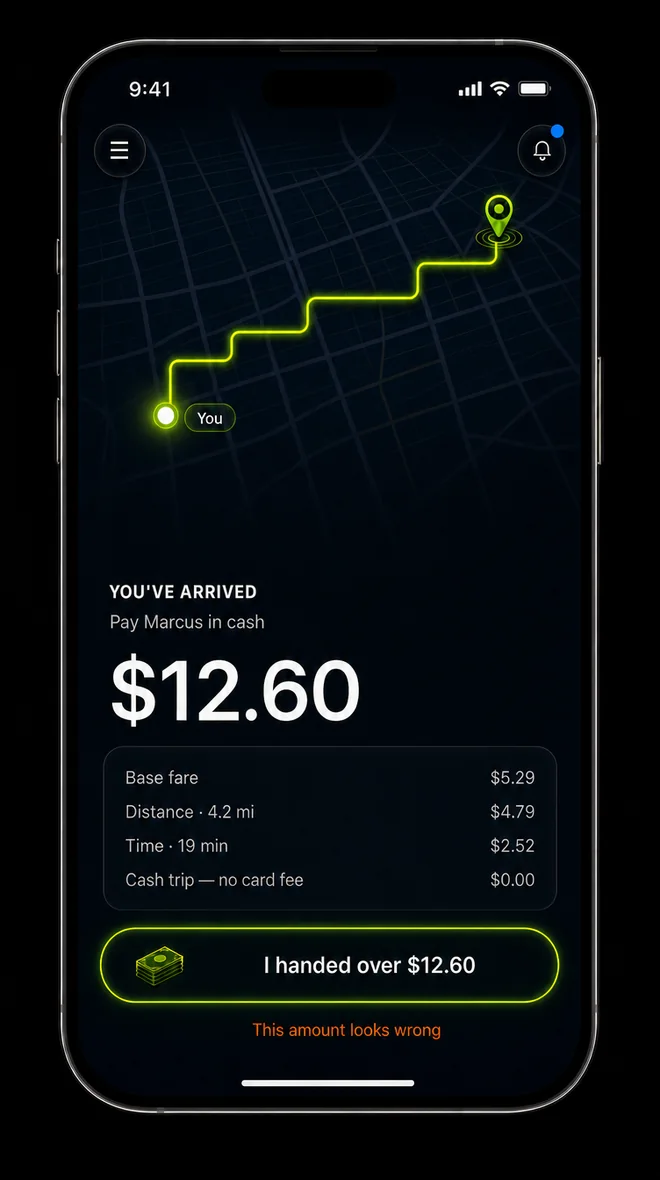 App screen showing the fare breakdown and the cash amount due at drop-off